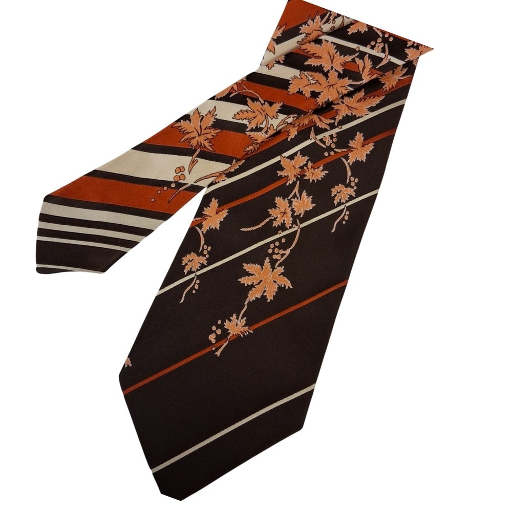 Vintage Bonds Polyester Neck Tie Orange/Brown Leaves and Stripes Retro GUC
